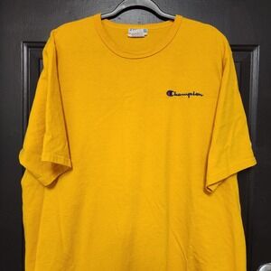 Vintage 90s Champion Spell Out Logo T-Shirt Embroidered Yellow Gold Size 2XL